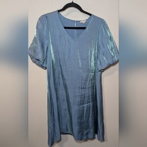 JODIFL Shimmery Mini Dress Blue Shift V-neck Balloon Sleeves Women's Size M